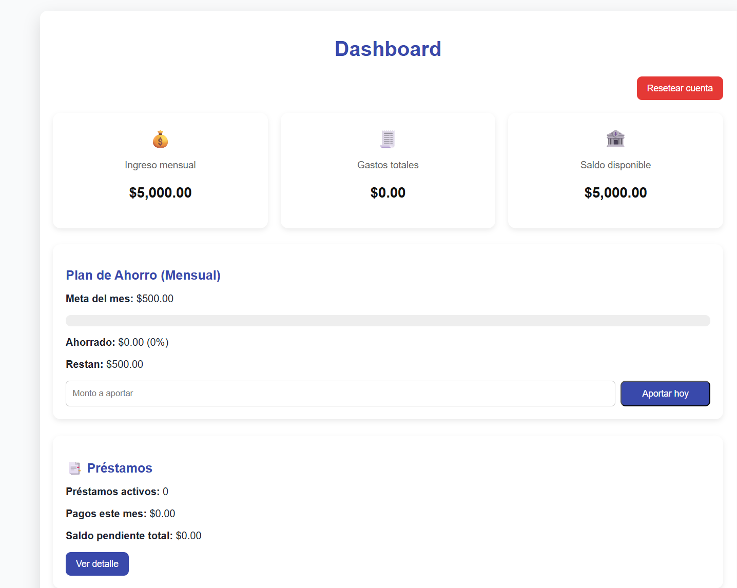 Panel principal del sistema