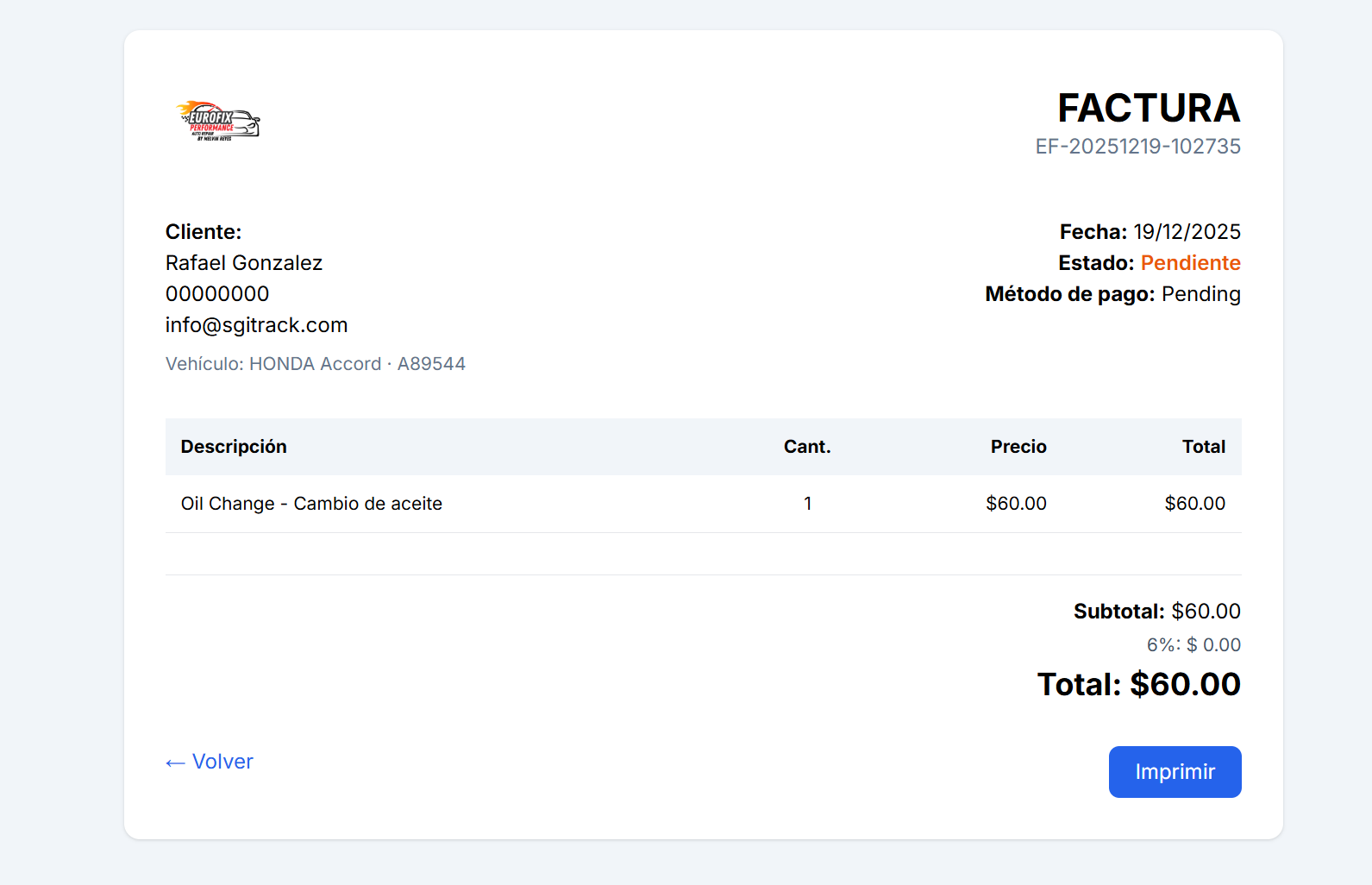 Facturación del taller